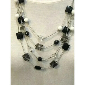 Multistrand Black White Clear Beaded Faceted Bead Necklace with Extender